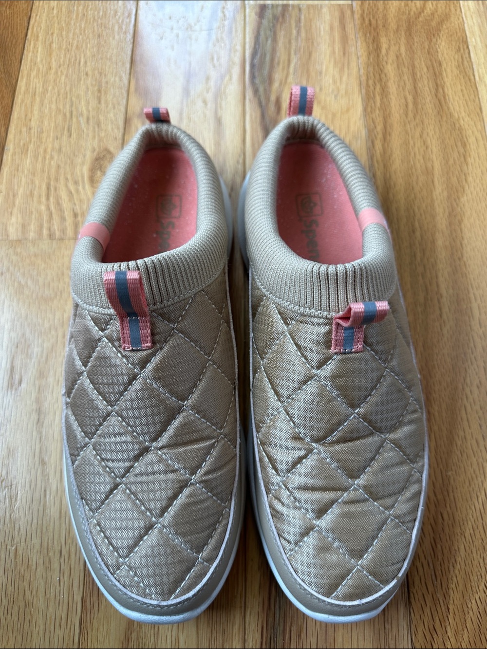 Slip-On Quilted Mules in Tan with Pink Accents
